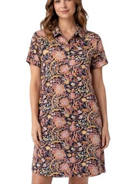 Tahari 100% Linen Floral Shirt Dress Pink Purple Button Front Pockets Women L